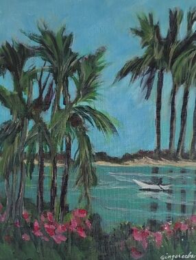 New Coastal Palm Trees Tropical Acrylic Art, Canvas Signed by Original Artist